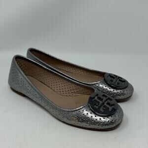Tory Burch Reva Perforated Ballet Flats Pewter Mirror Craquellee Silver Leather